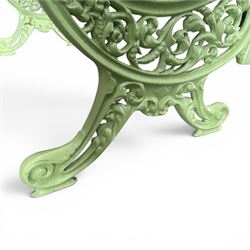 Pair of Victorian design cast iron and slatted wooden garden benches, the ornate pierced end supports of scrolled form, the pierced acanthus leaves interspersed with trailing flowerheads, with tassels to the front, raised on splayed feet, the supports in pale sage green painted finish
