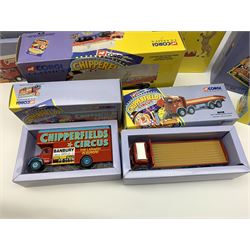 Sixteen Corgi limited edition Chipperfields Circus models - 07202 Land Rover Public Address & Clowns; 11201 ERF KV Artic with cages lions, tigers, pedestal & tamer; 14201 Foden S21 Articulated Tank Trailer with hippo & crocodile; 17801 Scammell Constructor Cannon & Ringmaster; 31703 Land Rover, Morris Minor Pick-Up, Thames Trader & AEC Fire Engine; 31901 Mary Chipperfield's Liberty Horses; 96905 Advance Booking Vehicle; 97022 AEC Regal Living Quarters; 97092 Bedford Pantechnicon Billy Smee Wardrobe; 97915 Scammell Highwayman with two trailers; 97887 Bedford O Articulated Horsebox; 97888 Foden Closed Pole Truck with Caravan; 97889 AEC Cage Truck & Trailer; 97896 AEC Pole Truck; 97957 ERF 8-Wheel Rigid Truck; and Set No.1 Six Circus Figures; all mint and boxed with certificates, some with posters, and brochure (16)