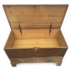 19th century oak mule chest, with lidded top above two short drawers, raised on bracket feet