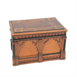 Victorian gothic stationary box, with removable shelf and compartment, decorated with pillars and arches, the hinged lid with inlaid decoration, H21cm, L31cm