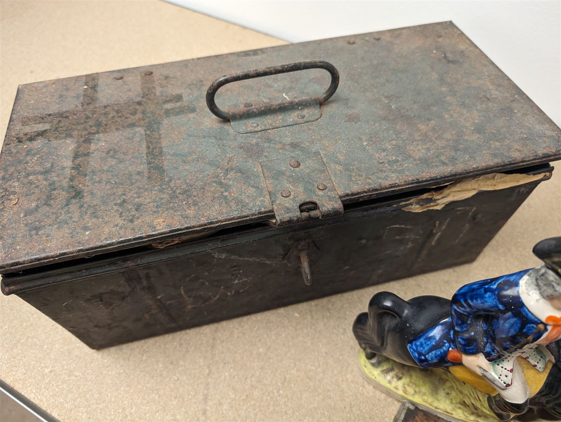 Staffordshire style Dick Turpin figure, wooden box, metal box, Rabone & Sons level, first day covers and other stamps