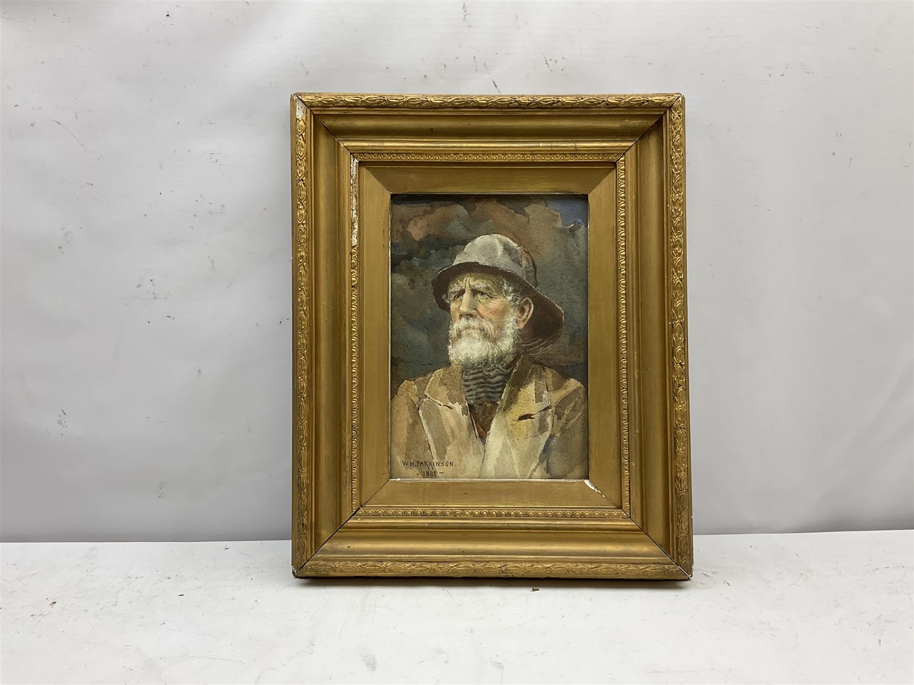 William H Parkinson (British 1864-1916): 'An Old Seaman', watercolour signed and dated 1893, original title label with artist's address verso 30cm x 21cm
Notes: Parkinson is listed as living in Bradford and exhibiting in both Bradford and Leeds