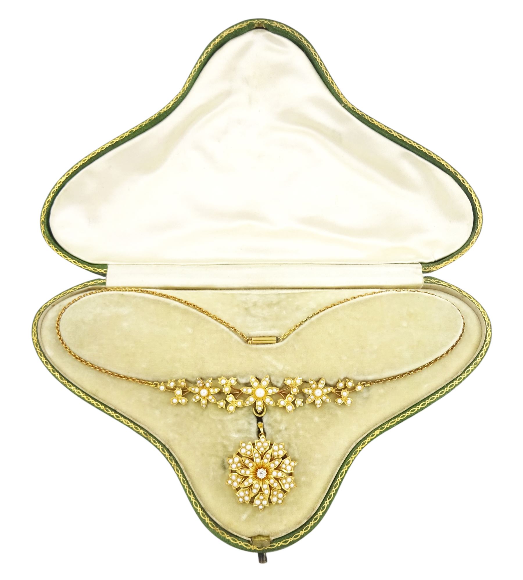 Edwardian 15ct gold split pearl flower head and foliate necklace, with detachable 18ct gold old cut diamond and split pearl flower head pendant, in fitted velvet and silk lined box