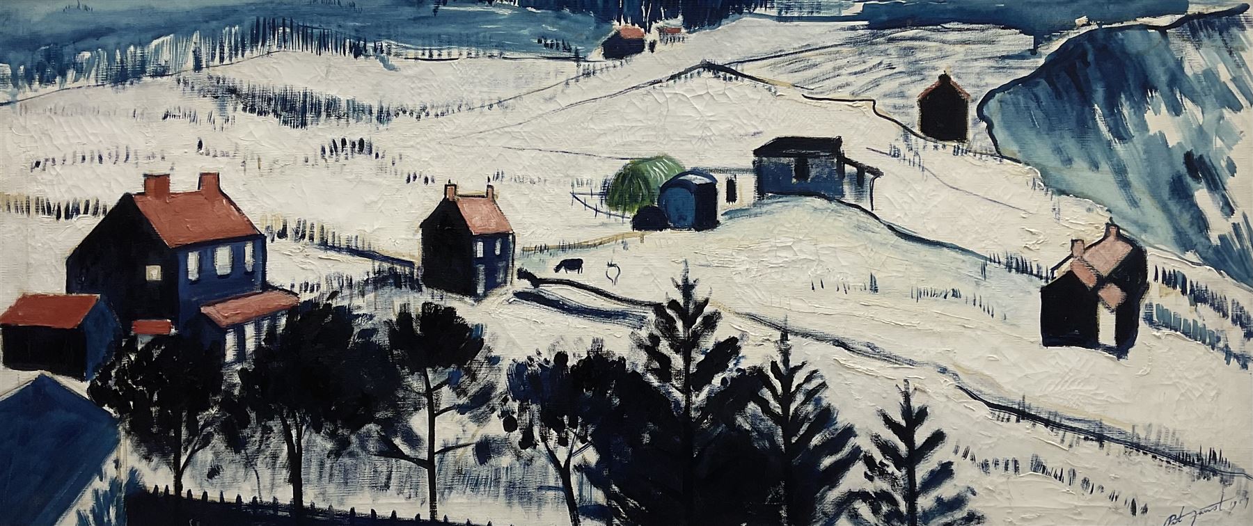 Pat Faust (British fl.1950-2000): Ravenscar Snowy Landscape, oil on canvas signed and dated 1959, 45cm x 100cm
