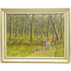I R Ullyott (British 20th century): 'Hunt in Lowthorpe Wood' and 'River Eamont Penrith', two oils on board signed, one dated 1970, titled on labels verso, max 35cm x 44cm (2)