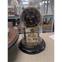 American-Victorian walnut drop dial wall clock with parquetry inlay, c1880, 8-day timepiece movement and a Kundo 1960’s torsion clock with a skeleton movement and four ball oscillating pendulum, with a glass dome. Torsion spring intact.