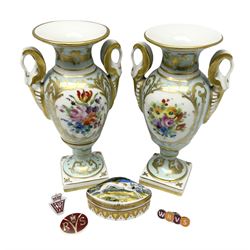Pair of Limogues empire style vases with flower decor, relief swan handles and gilt detail, together with Limoges trinket box decorated with a greyhound, all with printed markes beneath, vases H17cm