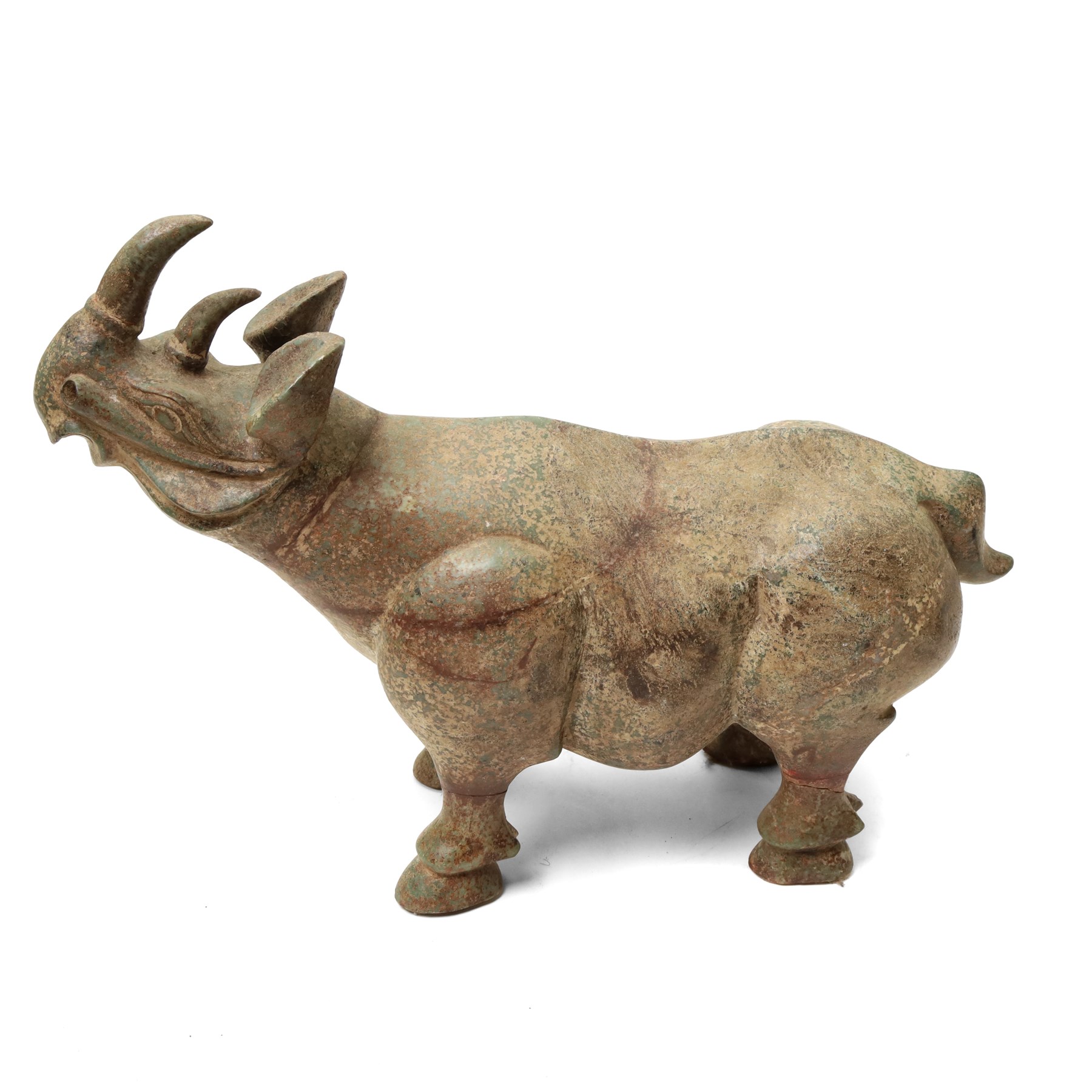 Carved stone Rhino, W44cm and a pair of two green stone Elephants, W38cm (3)
