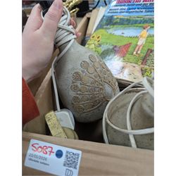 Collection of metalware, including brass weights, fireside tools, sauce boat, etc, together with a chess set, records, two studio pottery lamps etc