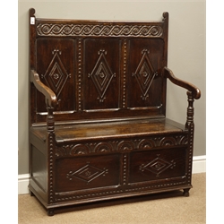  20th century oak settle, lozenge carved panel back and front, with plain lid and shaped arms, W91cm, H112cm,, D46cm  