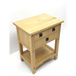 Maple side cabinet with moulded top, two short and one long drawer, joined by solid undertier, stile supports