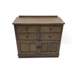 Medium oak side cabinet, raised back, four drawers above two cupboards, W85cm, H86cm, D43cm