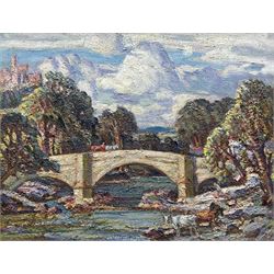Tom Anderton (British 1894-1956): Bridge Over River and Distant Castle, oil on canvas sign...