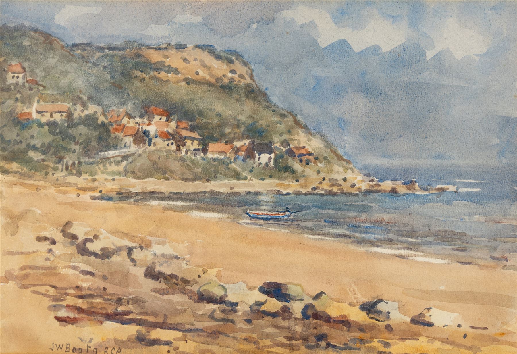James William Booth (Staithes Group 1867-1953): View from the Beach towards Runswick Bay, watercolour signed 25cm x 36.5cm