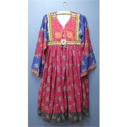  1970s Ayesha Davar Indian cotton gauze dress with bead tassels, size 34 and two other similar hand-pieced embroidered gauze dresses with circular beaded panels (3)  