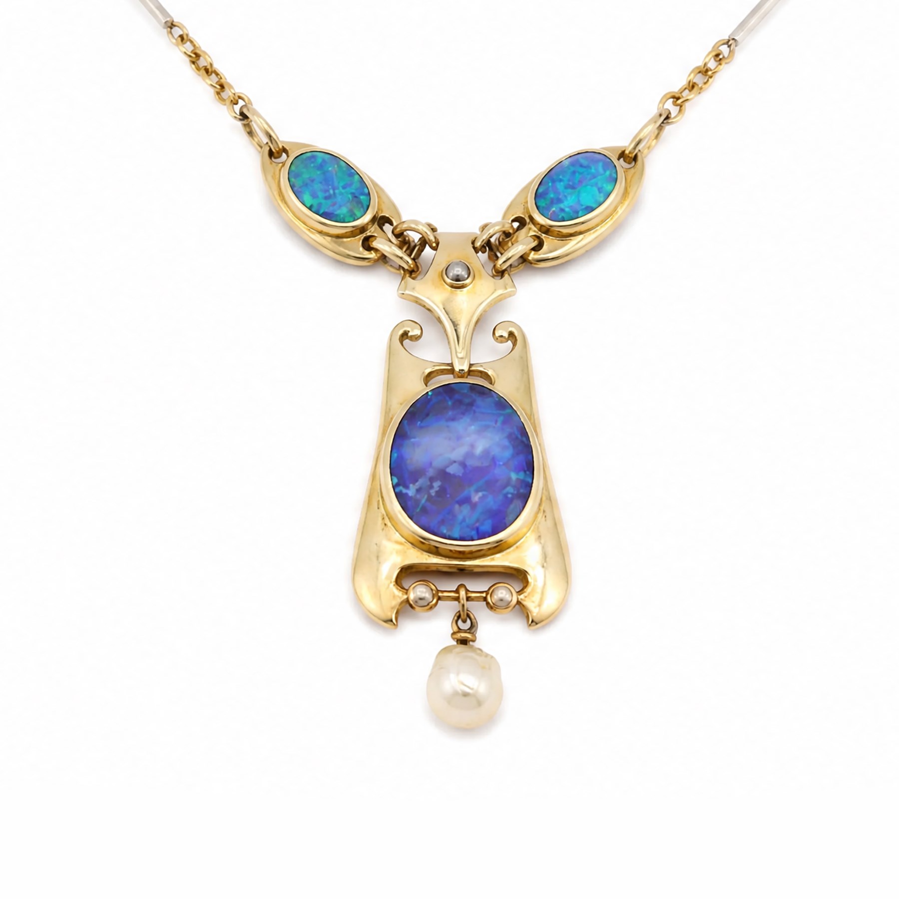 Murrle Bennett & Co Art Nouveau gold boulder opal and pearl pendant, stamped 15ct, on platinum bar and 15ct gold belcher link chain necklace 