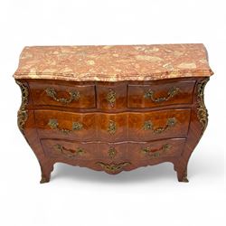 20th century Louis XV design serpentine commode, the rectangular breccia marble top with a rounded moulded edge and projecting corners, above a bombe bombe-shaped kingwood and parquetry design front of two short and two graduated drawers with rococo style handles, corners with gilt-bronze foliate mounts on short cabriole form feet with gilt bronze sabots  