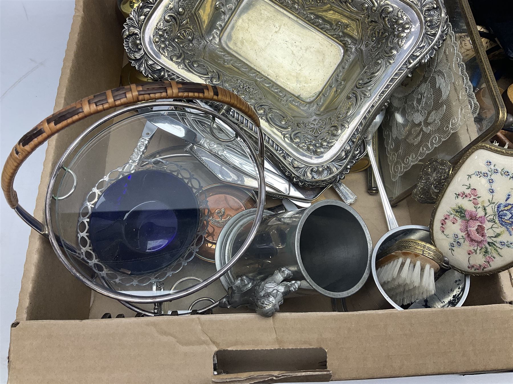 Quantity of silver plated and other metal ware to include Community cutlery and brass, together with Polaroid tv etc in three boxes