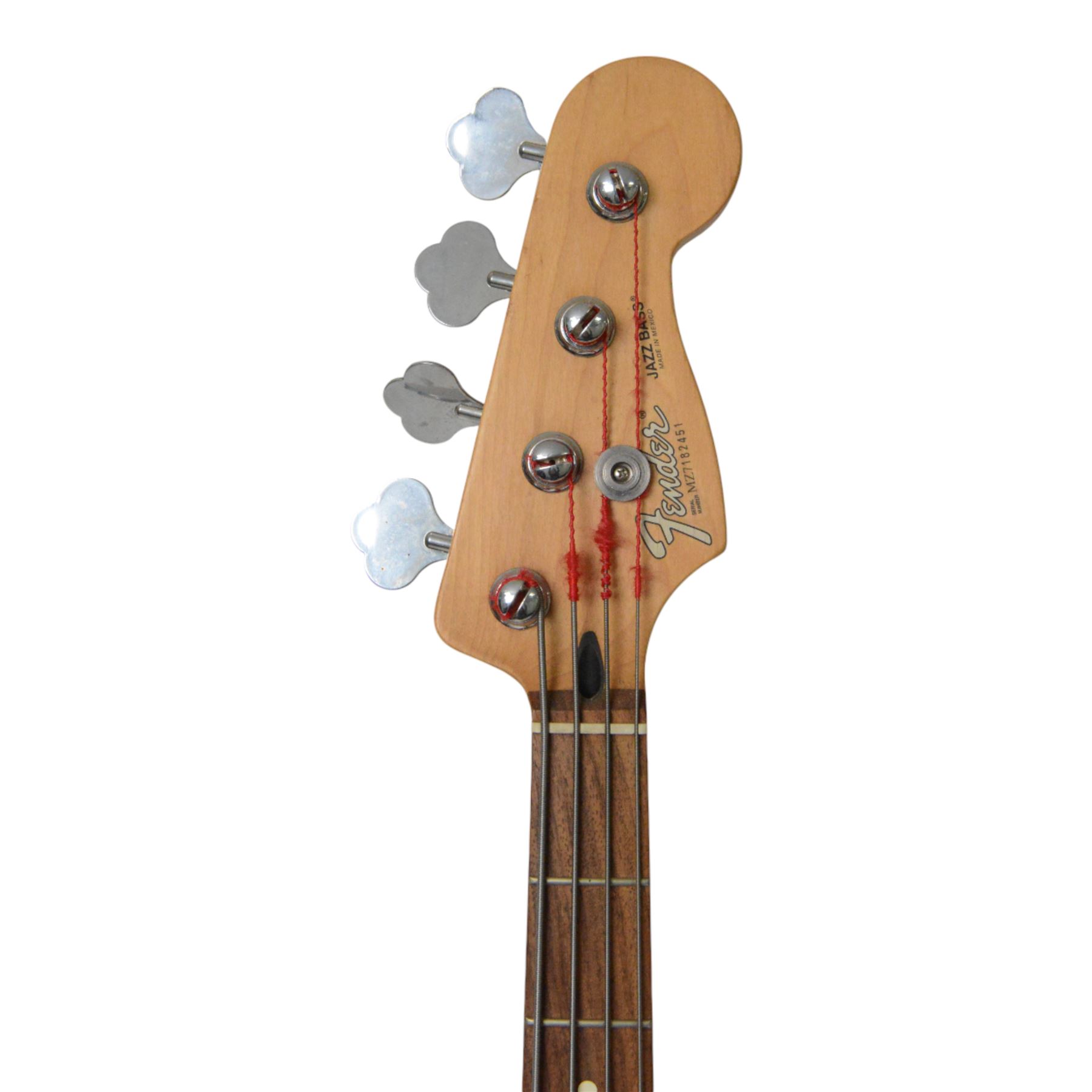 Fender jazz bass guitar, serial no. MZ7182451 made in Mexico c.2007, with cream body, white scratch plate, maple neck, guitar L120cm