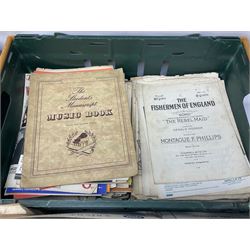 Collection of early 20th century and later sheet music, to include Francis & Day's Community Song Album, A Brown Bird Singing by Haydn Wood, Songs Of The New World by Desmond MacMahon, etc, in two boxes
