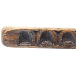 Rupert Griffiths for Monastic Woodcraft - oak 6ft refectory dining table with set six (4+2) matching chairs, rectangular top with arcaded frieze, with trestle base with further arcaded carved stretchers, chairs with carved rails and finials, leather wrapped seats with stud detail, turned supports united by carved stretcher