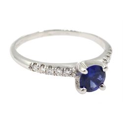 14ct white gold round sapphire ring, with diamond set shoulders, hallmarked