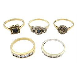Five 9ct gold stone set rings including two sapphire and diamond rings, diamond cluster, channel set diamond and a moissanite five stone, all hallmarked or stamped (5)