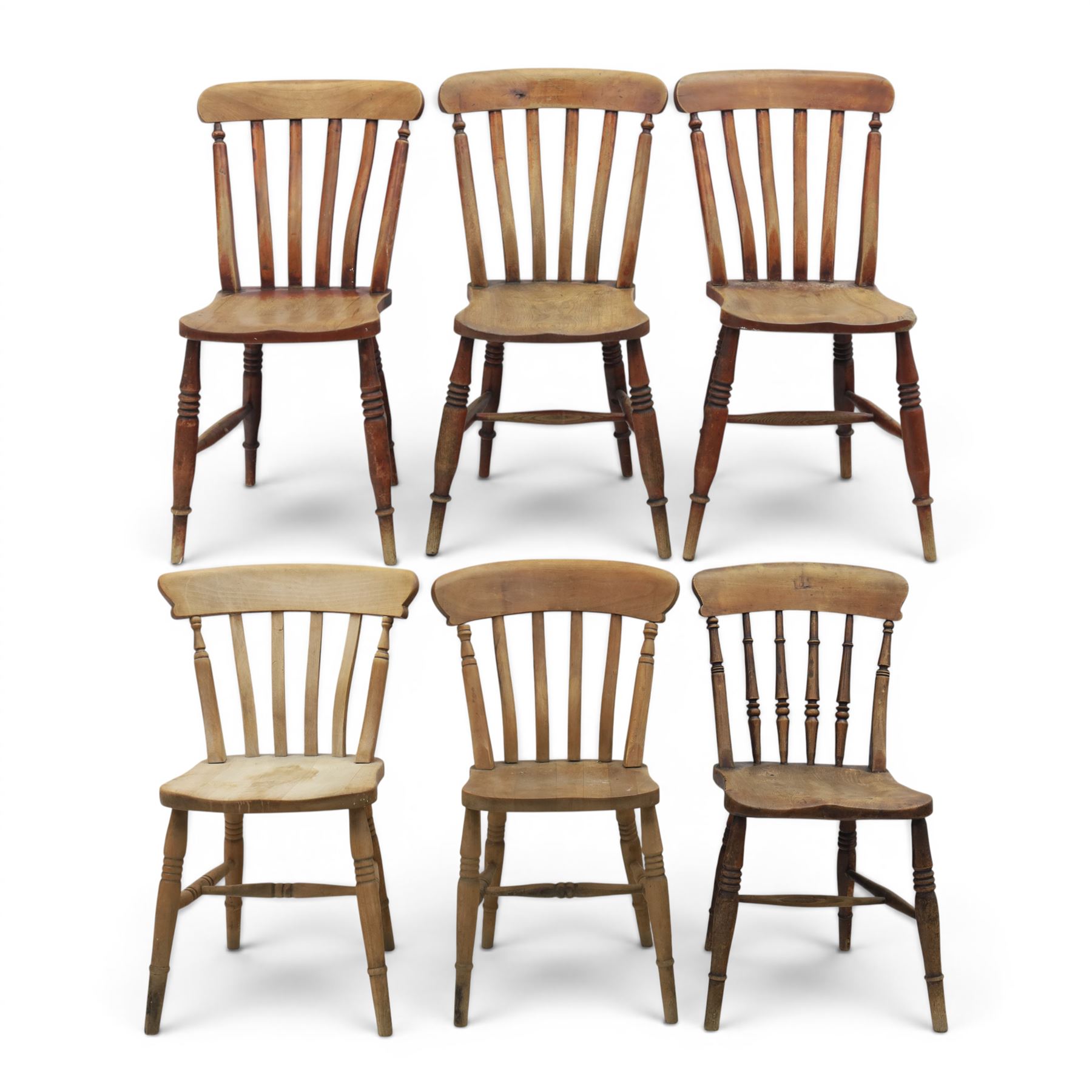 Six 19th century and later elm and beech farmhouse chairs