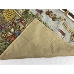 Medieval style German tapestry wall hanging suspended from carved oak pole depicting fairy-tale Rapunzel scene, H126cm W160cm approx 