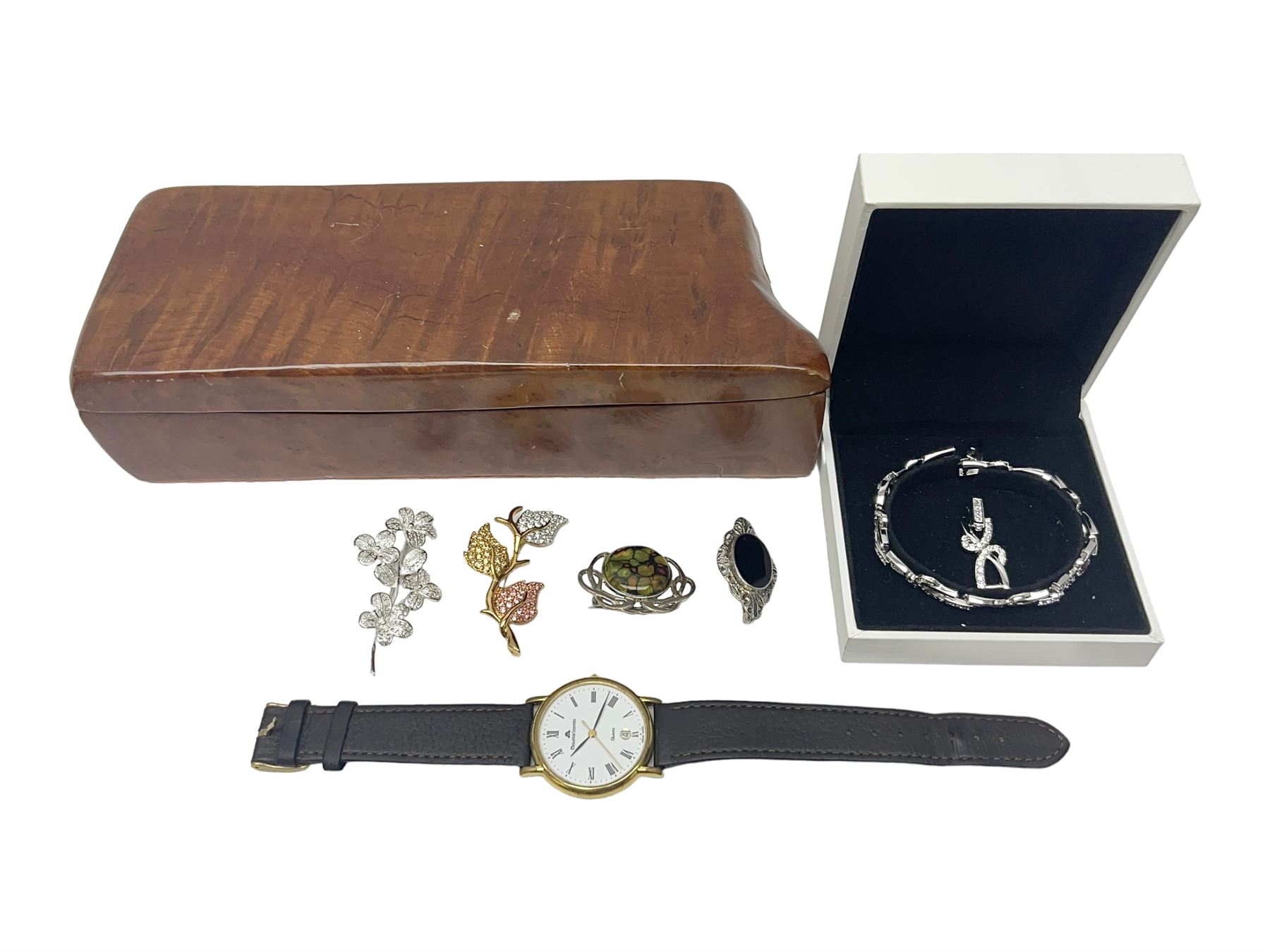 Maurice Lacroix gentlemans quartz wristwatch, 92127, with gold plated case, date apeture and leather strap, together with a Swarovski Crystal bracelet, two silver brooches and two costume brooches