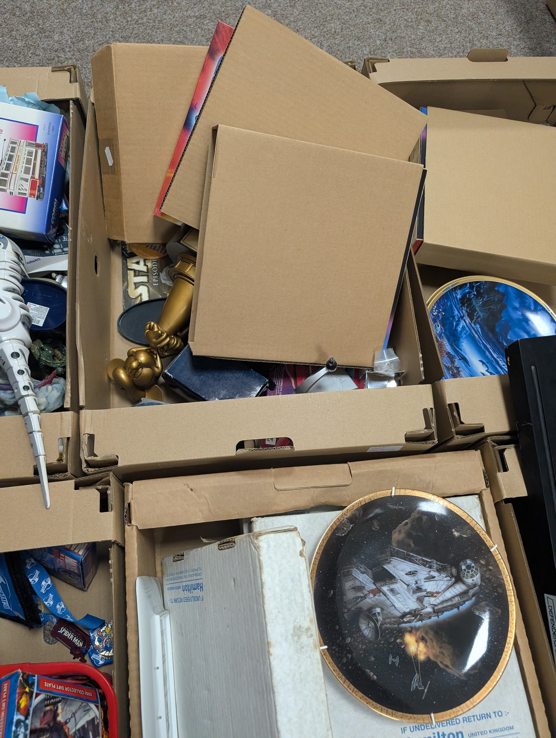 Large collection of Sci-Fi collectors plates, including Doctor Who, Star Trek and Buffy examples, together with Disney MGM trophy, diecast trains and other collectables, in six boxes