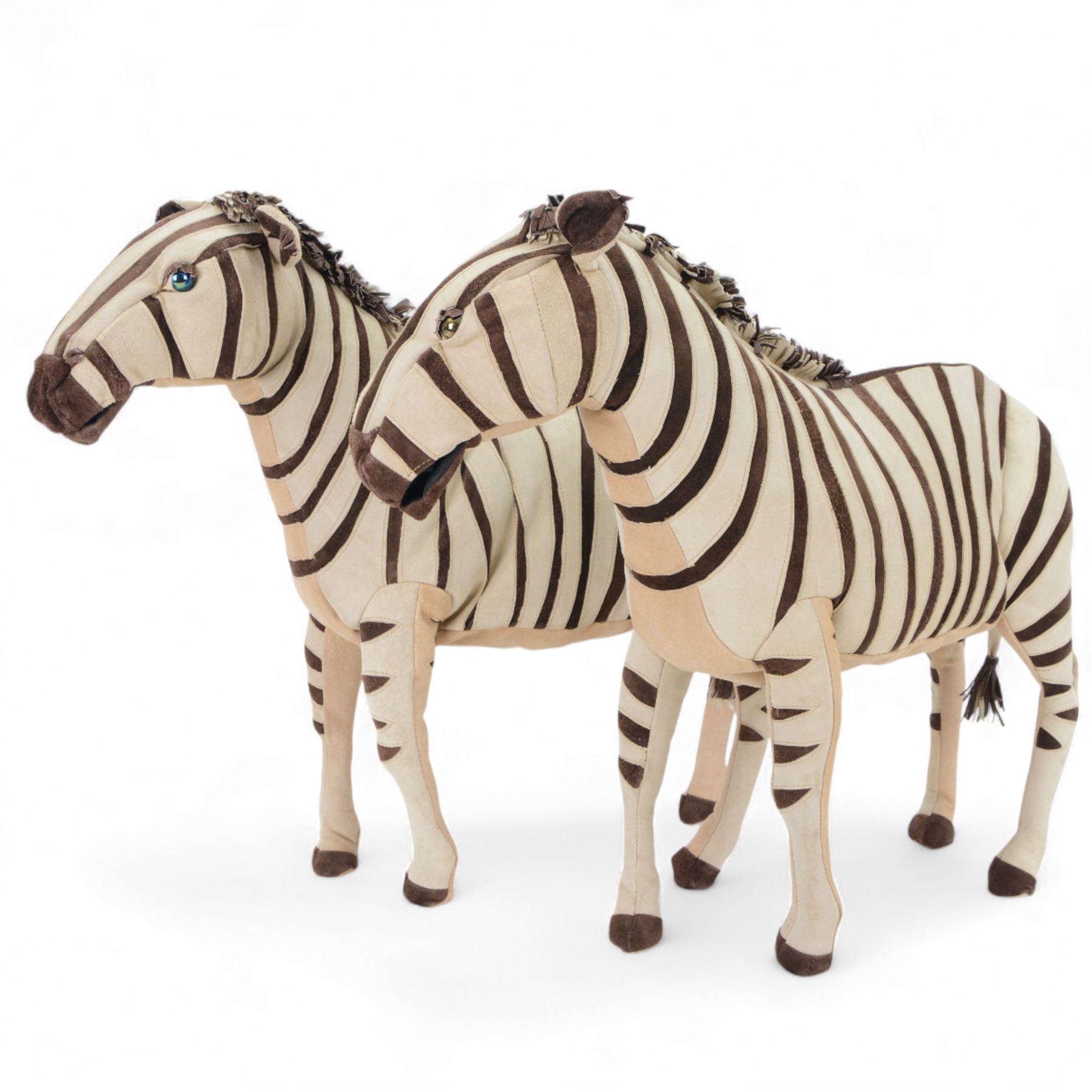 Karen Trower: two zebra sculptures, with leather sew over wood and metal frames, H48cm