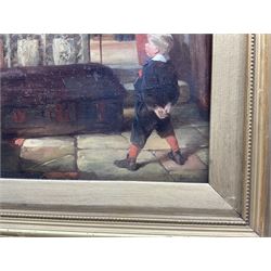 James Lobley (British 1828-1888): Boy Stood Before the Tomb of a Knight, oil on canvas board signed 42cm x 32cm 