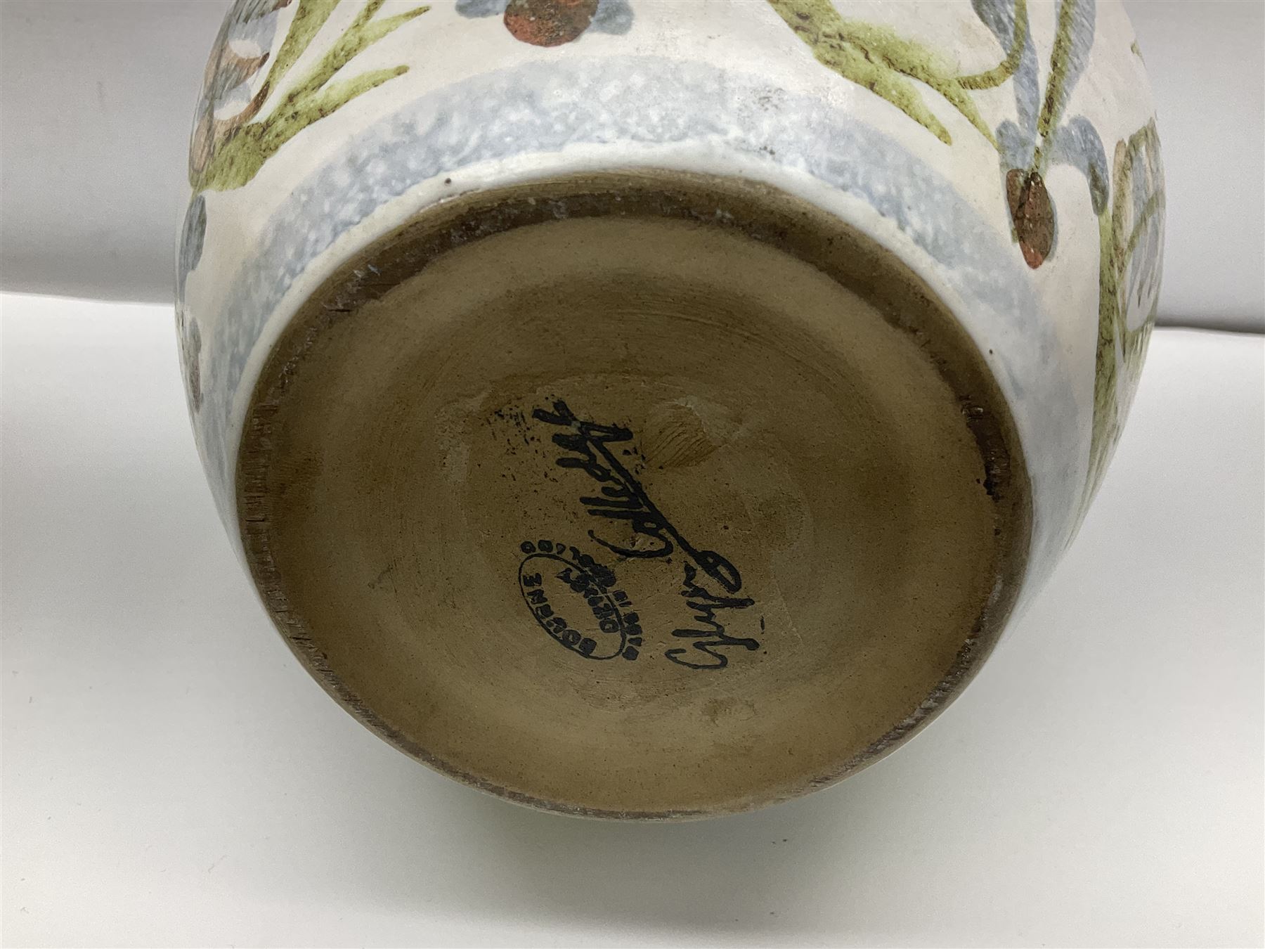 Pair of Denby Glyn Colledge stoneware vases of ovoid form with floral decoration over cream ground, together with a large bowl in a similar design, vases H32cm