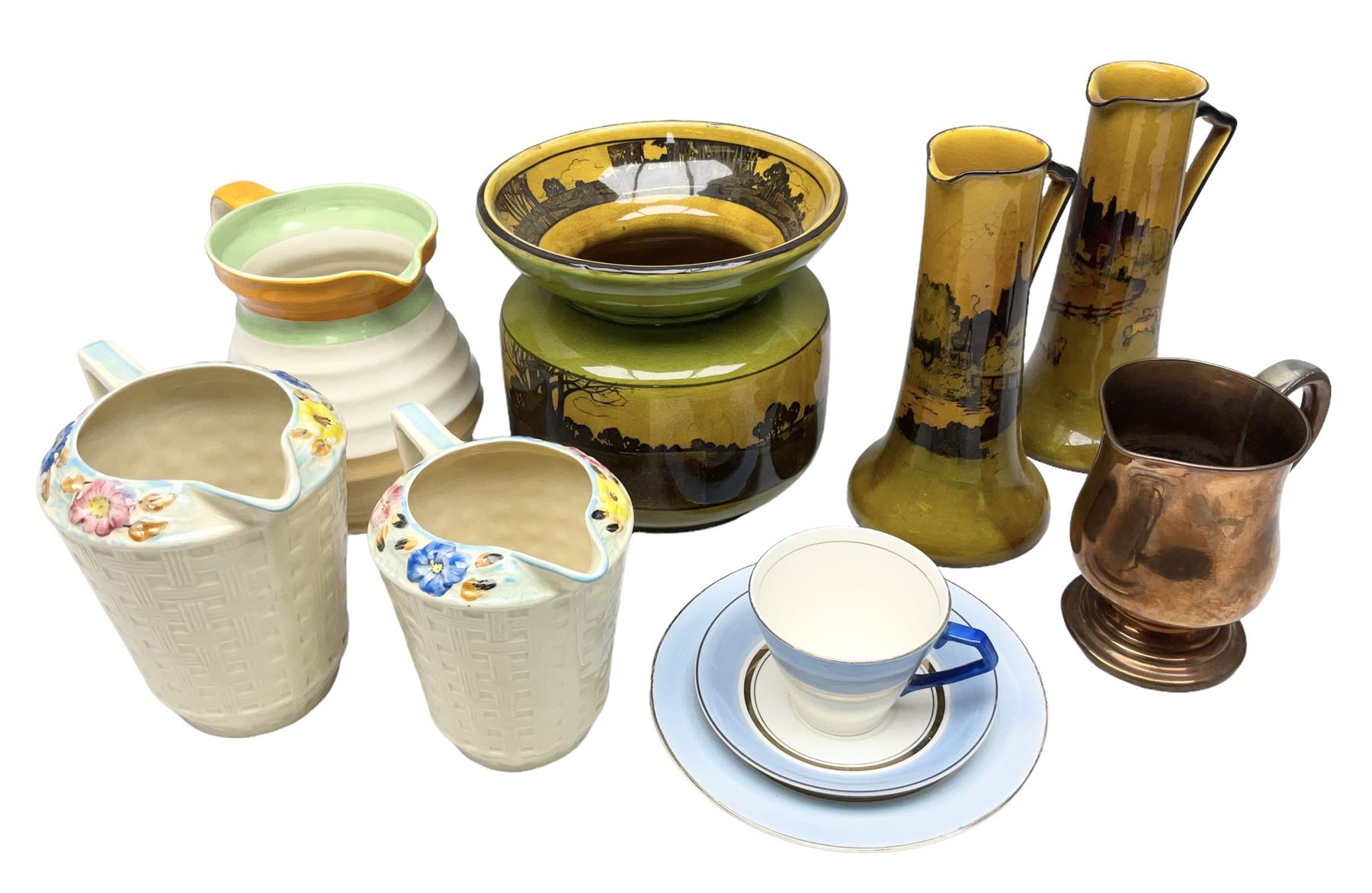 Royal Doulton wide rimmed jardinière, together with two Royal Doulton jugs, Arthur Wood jugs etc