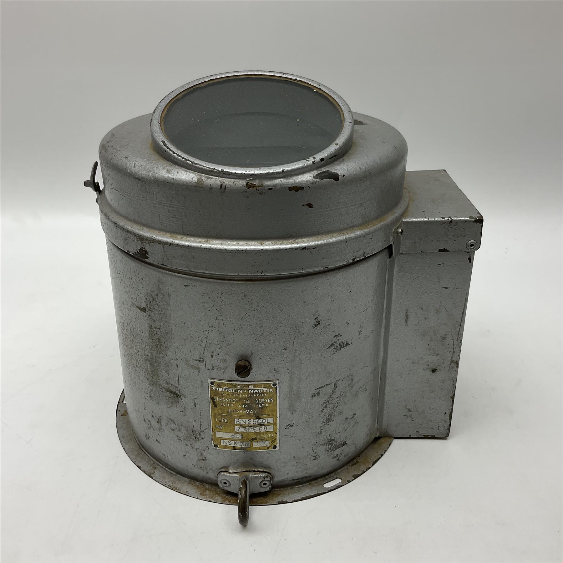 Ship's lifeboat gimble compass in binnacle, with plaque 'Bergen Nautik Instrumentfabrikk ..... Norway. Type BN25COL No.770559' 