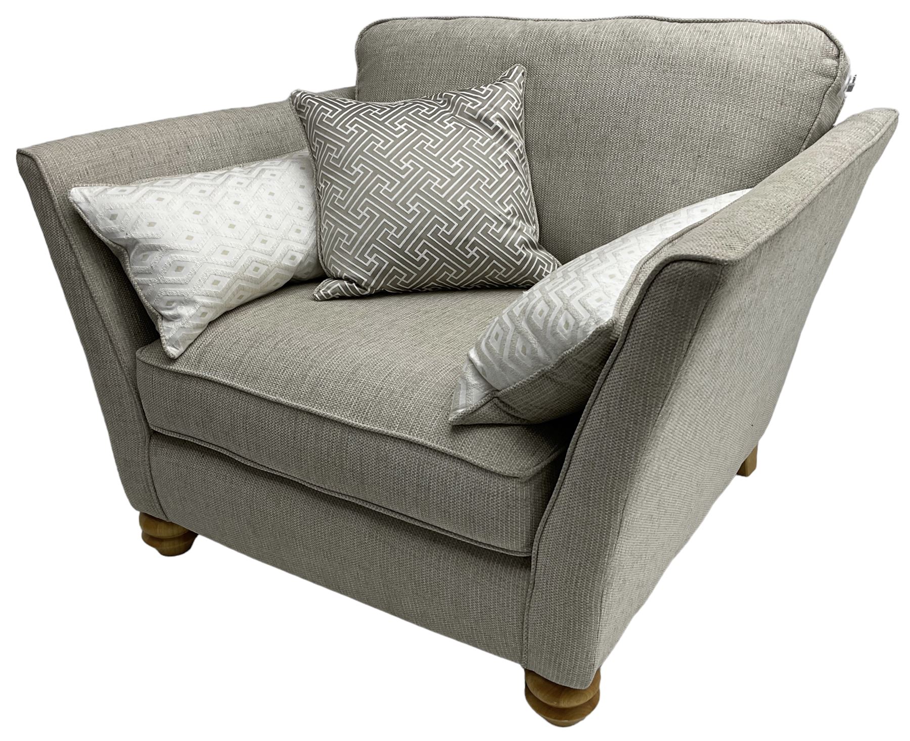 Oak Furnitureland - three-piece lounge suite upholstered in grey fabric, large three-seat sofa (W238cm, D106cm), two-seat sofa (W209cm), and snuggler sofa (W129cm)