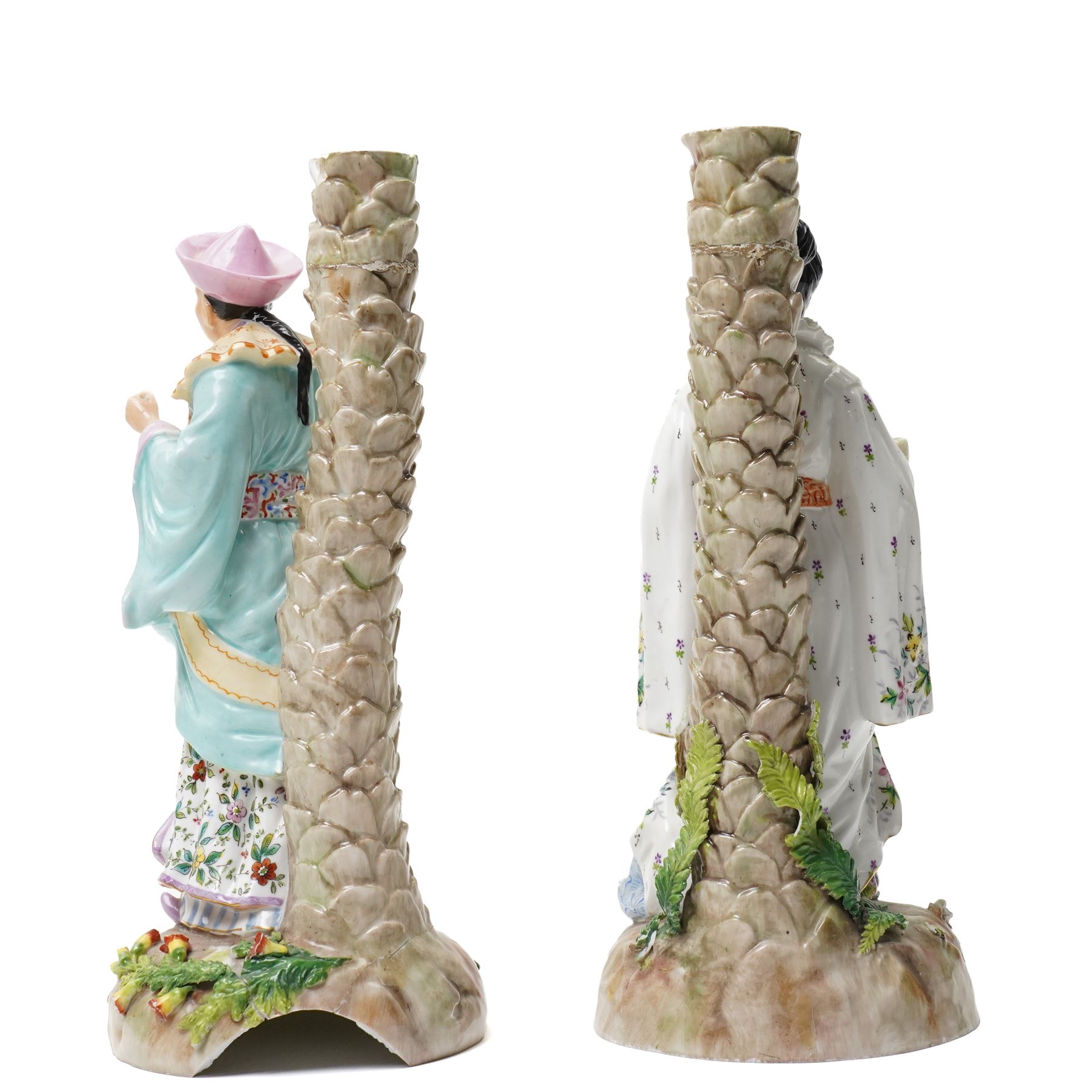 Pair of Ernst Bohne & Sohne Chinoiserie candlestick figures, impressed and faint blue anchor marks to bases, H27cm (2)