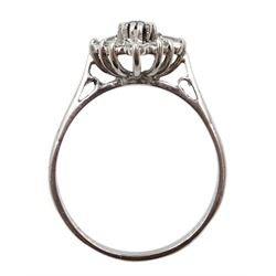 18ct white gold marquise sapphire, round and baguette diamond, marquise shaped ring, hallmarked
