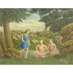  Attrib. AndrBauchant (1873-1958): Three Figures in Landscape, oil on board signed and dated 1946, 26cm x 34cm  DDS - Artist's resale rights may apply to this lot   