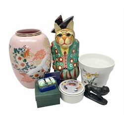 Carved wooden painted cat figure, pink ceramic Japanese style vase, and an Old Tupton Ware ceramic trinket box, etc