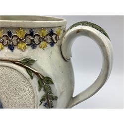 Early 19th century Prattware jug, circa 1800, decorated with two heart shaped panels of children, titled Sportive Innocence and Mischievous Sport, further decorated with acanthus and foliate borders, H22cm