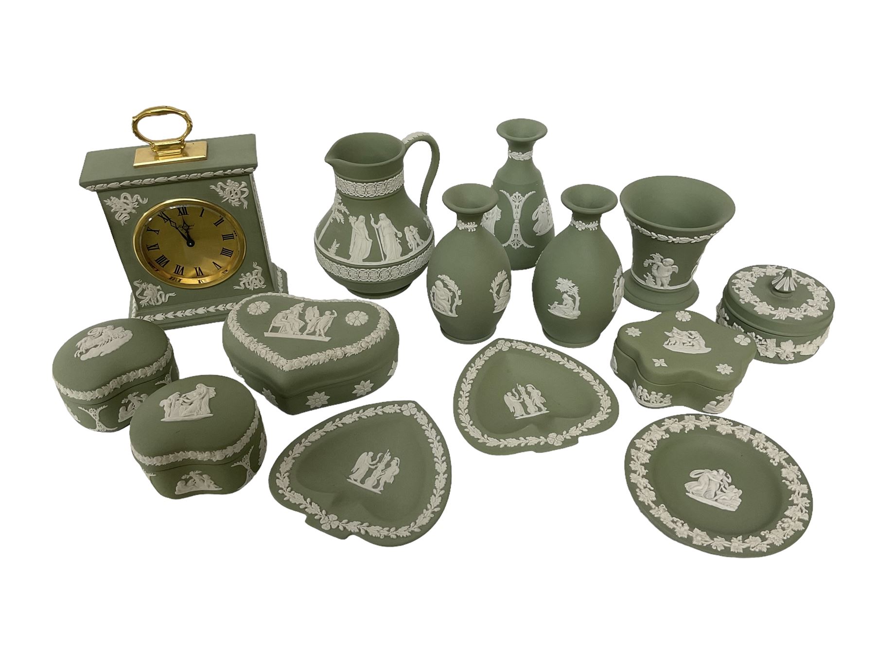 Group of Wedgwood sage green Jasperware, to include jug, vases, lidded boxes, dishes etc