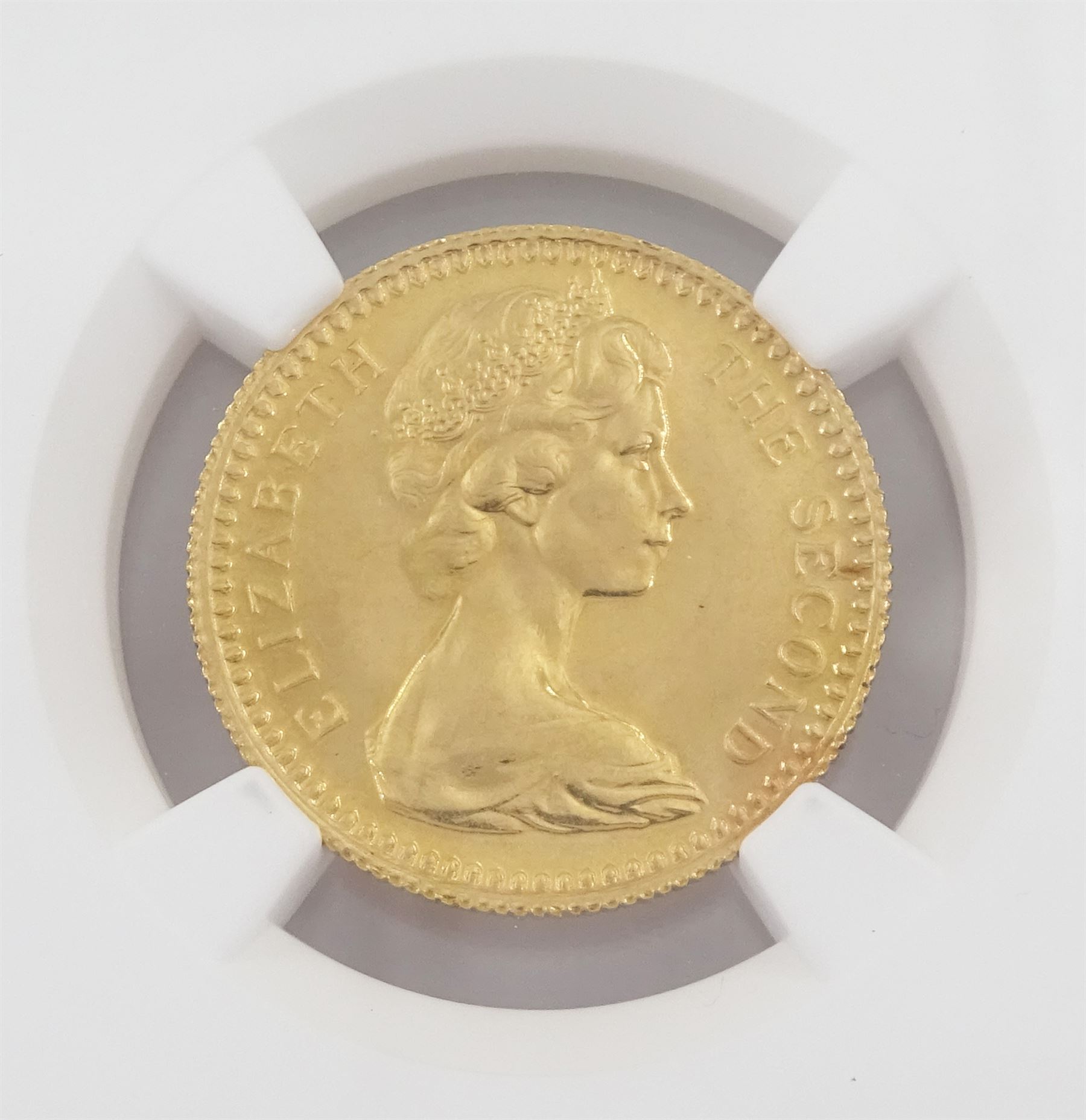 Queen Elizabeth II Rhodesia 1966 gold ten shillings coin, encapsulated and graded PF64 by NGC