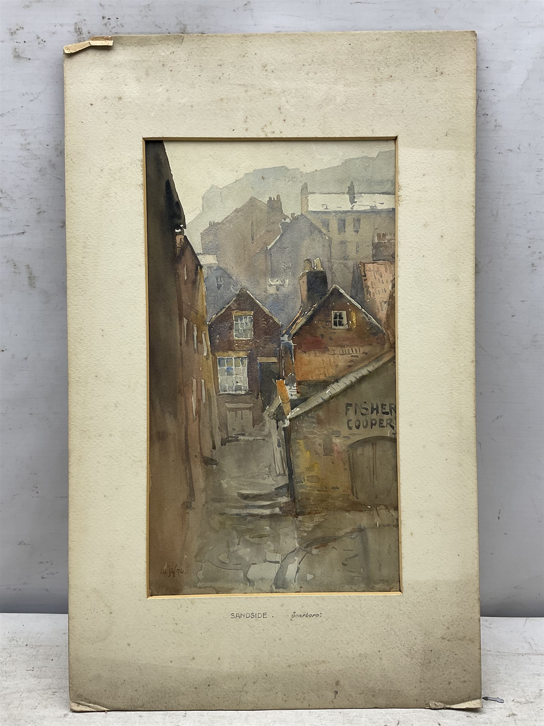 Charles William Adderton (British 1866-1944): 'Sandside Scarborough', watercolour signed with monogram and dated 1894, 36cm x 20cm (unframed)
Provenance: direct from the family of the artist Harry Wanless 1872-1934, part of a collection never previously seen on the market
Notes: Adderton was a friend of the brothers Harry and Charles Wanless, all of whom studied under Albert Strange at the Scarborough School of Art School. Adderton had a studio at 55 Sandside, Scarborough between 1894 and 1901, he moved to Ockbrook Derby and later to Robin Hoods Bay where he was a member of the Fylingdales Group of Artists