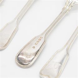 Five Victorian silver Fiddle pattern table forks, all engraved with crest to terminal, hallmarked The Portland Co, London 1861