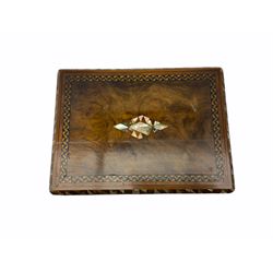 Early 20th century figured walnut box with abalone and inset mother of pearl detail, fabric lining to the underside of the hinged cover, H14cm. 