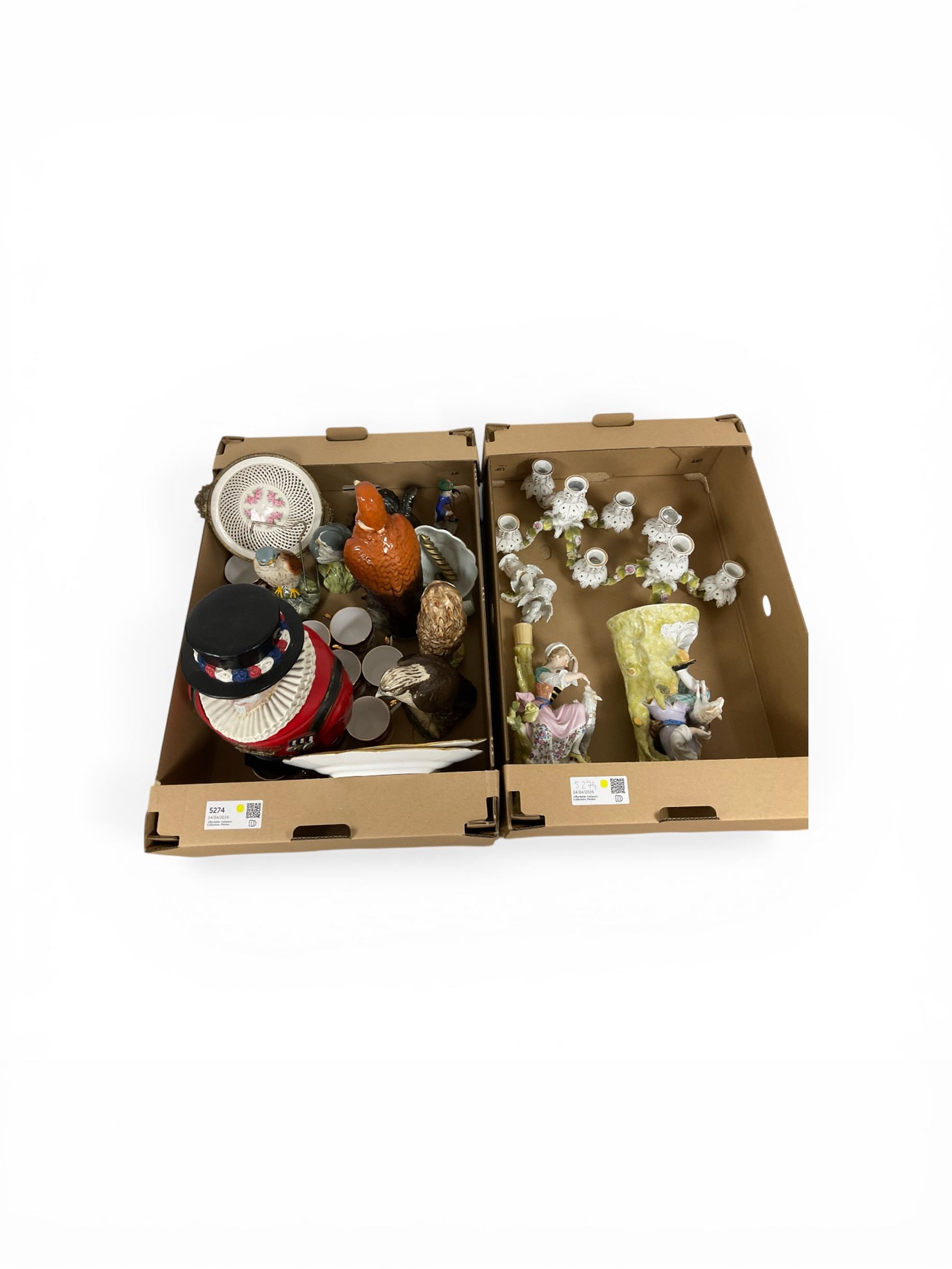 Pair of continental candlesticks, of a Shepard and shepherdess, together with Beefeater Gin ice bucket, Beswick birds etc, in two boxes  