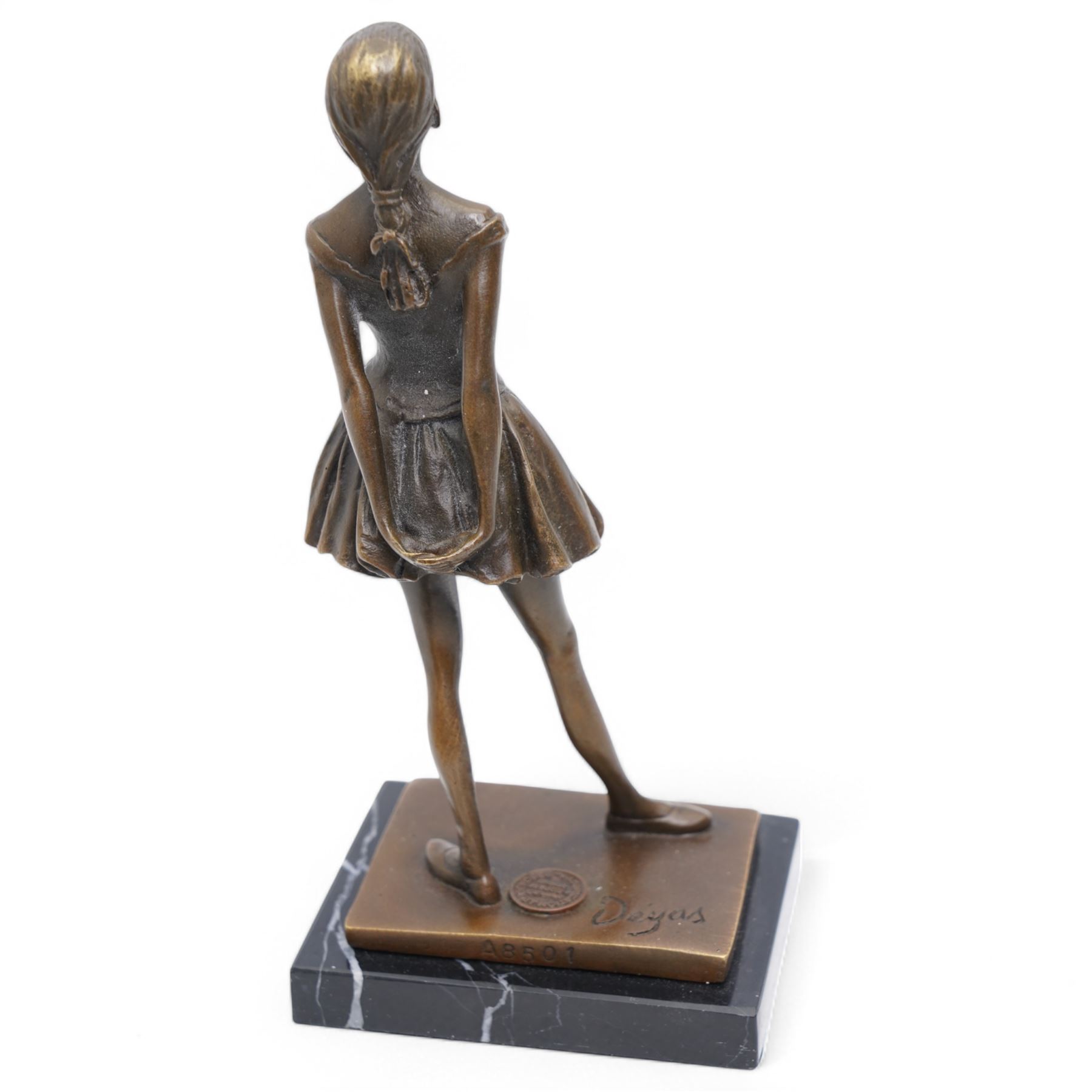 After Edgar Degas, (1834-1917), La Petite Danseuse de Quatorze Ans, small bronze figure modelled as a young female dancer, signed and with foundry mark, raised upon a rectangular base, H18.5cm