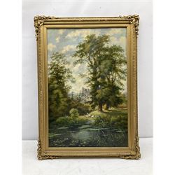 English School (British 20th century): Lakeside Sheep, oil on canvas unsigned 60cm x 40cm